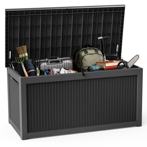 DRATO 320 Gallon Deck Box, Outdoor Large Waterproof Resin Storage Box with Lockable Lid for Patio Cushions, Gardening Tools (Black, 320 Gallon) - color: Black, size: 320 Gallon