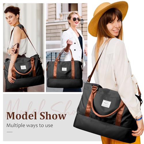 Weekender Bags for Women,Personal Item Travel Bag with Shoes Compartment,Overnight Travel Duffel Bag with Grid Toiletry Bag,Black & Brown - color: BlackBrown-2230, size: Large