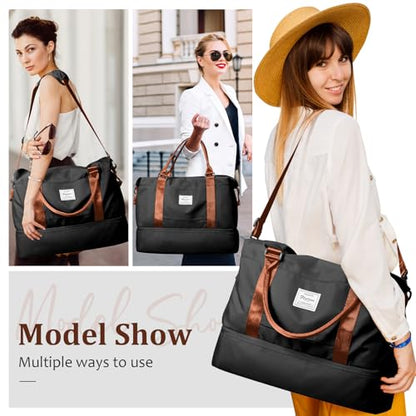 Weekender Bags for Women,Personal Item Travel Bag with Shoes Compartment,Overnight Travel Duffel Bag with Grid Toiletry Bag,Black & Brown - color: BlackBrown-2230, size: Large