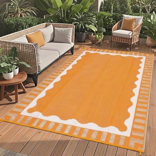Garvee Large Waterproof Outdoor Rug 9x12 Outdoor Patio Rug, Modern Scalloped Reversible Plastic Straw Camping Rugs, Bordered Outside Carpet for Picnic Backyard Deck Balcony Trailer, Orange - color: Bordered|orange, size: 9' x 12' (Rectangular)