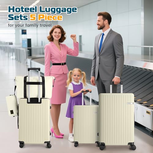 Hoteel Luggage Sets 5 Piece (4-YEARS WARRANTY), ABS+PC Suitcases with Wheels and Side Hook, Hardshell 20/24/28 inch Luggage with Duffel Bag Travel Bag, Beige - color: Beige, size: 5 Piece Set (20/24/28/DB/TB)
