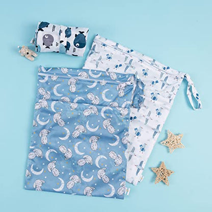 babygoal Wet Dry Bags for Baby Cloth Diapers, Washable Travel Bags, Beach, Pool, Gym Bag for Swimsuits & Wet Clothes with Two Zippered Pockets 3 Pack, 3LN28 - color: Fish and seagull