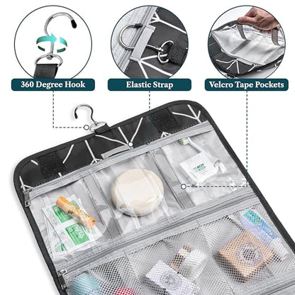 PAVILIA Hanging Toiletry Bag for Women Men, Large Foldable Toiletries Organizer with Hook, Water-Resistant Makeup Cosmetic Rollup Case, Clear Pockets for Bathroom, Gym, Cruise (Black Chevron) - color: Black Chevron