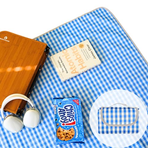 Cute Gingham Picnic Blanket, Waterproof Foldable, in Large 80x60in and Extra Large 80x80in, Portable Compact Beach Blanket, Oversized XL Outdoor Mat (Blue, X-Large) - color: Blue, size: X-Large