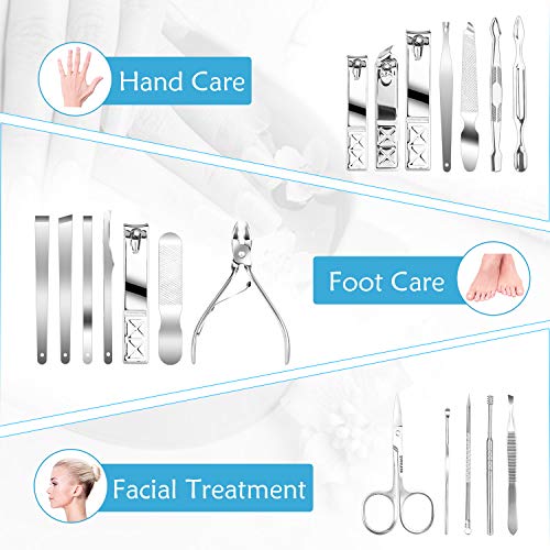 Teamkio 18pcs Manicure Set Pedicure Nail Clippers Set Travel Hygiene Kit Stainless Steel Professional Cutter Care Set Scissor Tweezers Knife Ear Pick Tools Grooming Kits with Leather Case - color: Blue