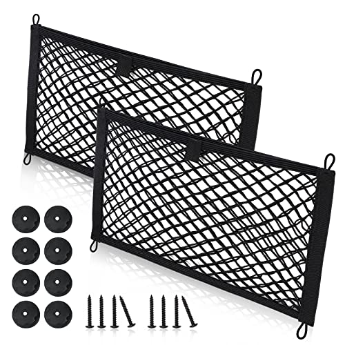 Universal Mesh Cargo Net for Car Trunk Storage,2 Pack Elastic Small Cargo Net Pocket Organizer Pouch Bag,Stretchable Automotive Cargo Nets with 8 Pieces Mounting Screws and Hooks for RV,SUV,Boats,Home - size: 17.7 x 9.8 inch