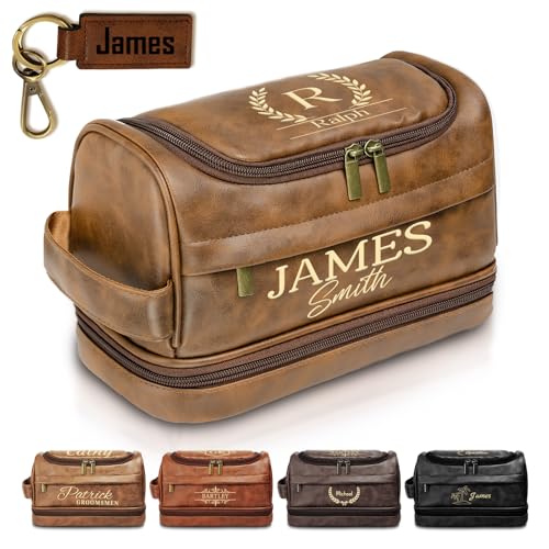 Personalized Toiletry Bag for Men, Leather Custom Travel Shaving Bag, Father's Day Gifts for Men, Dad, Him, Father, Son, Boyfriend, Husband, Brother, Birthday, Anniversay, Engraved Pattern Text - color: Light Brown
