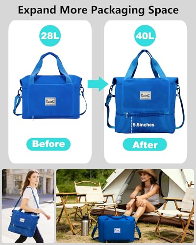 Foldable Travel Duffel Bag for Women, 40L Expandable Carry on Bag Personal Item Flight Approved, Lightweight Water Resistant Overnight Weekender Bag with Wet Pocket for Gym Travel, Blue - color: Blue