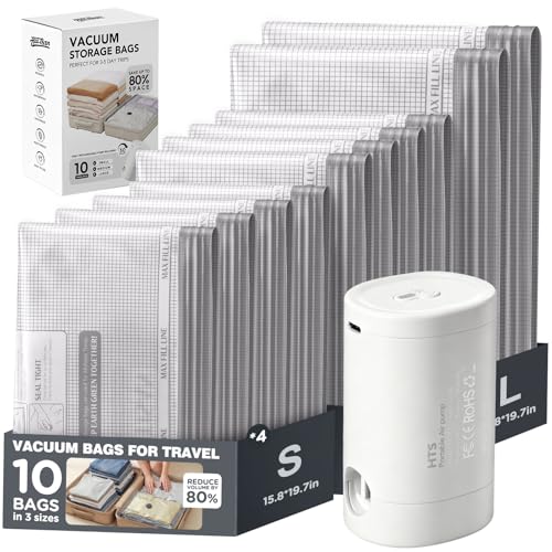 10pcs Vacuum Seal Bags for Clothing Travel with Rechargeable Electric Pump, Space Saver Vacuum Storage Bags for 3-5 Days Travel, Reusable Compression Bags for Luggage Home(10pcs Checkered) - color: 10 Combo,3-5 Days Travel
