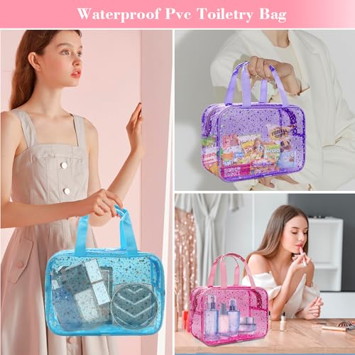 Clear Purple Star Large Makeup Bag with Star Pattern 12x5x8 inch, Travel Cosmetic Bag with Handle, Durable PVC Material Washbag Zipper Opening Design for Makeup Travel Organizer or Gym Use - color: Purple, style: Star