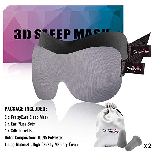 PrettyCare 3D Sleep Mask 2 Pack,Eye Mask for Side Sleeper -3D Contoured Sleeping Mask Blackout Out for Men Women - Zero Eye Pressure Blindfold with Ear Plugs, Night Masks with Travel Bag (Black＆Grey) - color: Black＆grey