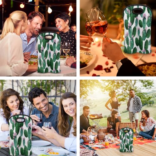 2 Bottle Wine Carrier Tote Bag Cute Cactus Insulated Neoprene Portable Bottle Holder Great Gift for Wine Lover, Great for Picnics Travel BYOB, Outdoor Entertaining
