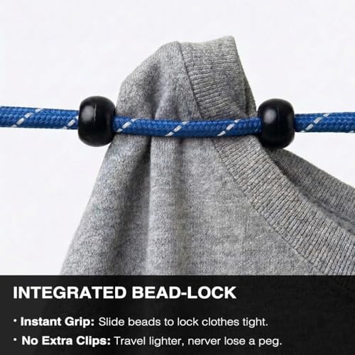 2 Pack Travel Clothesline, No Clothespins Needed - 11.5ft Reflective Cord with 24 Beads, Tangle-Free Cord Winders & Zipper Bags, Portable Laundry Drying Rope for Cruise, Hotel, Camping, RV, Indoor Use