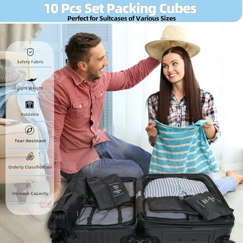 10 Pcs Set Packing Cubes - Travel Packing Organizers, Expandable Suitcase Organizer, Luggage Organizer Bags - color: BLACK