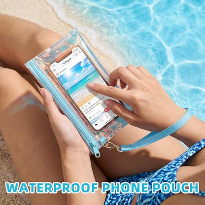 Hsei 6 Pcs Clear Iridescent Beach Bag with Phone Pouch for Women Beach Travel Large Waterproof Tote Bags for Vacation Picnic - color: Iridescent Blue