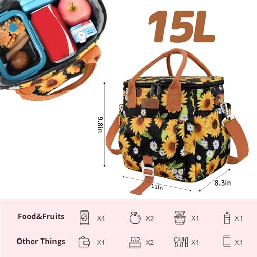 Joymee Insulated Lunch Bag for Women Reusable Leakproof - Sunflower | Large Spacious, Cooler Lunch Bag, Adjustable Shoulder Strap, With Side Pocket, Bottle Holder, for Office Work Picnic Travel - color: Sunflower