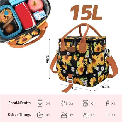 Joymee Insulated Lunch Bag for Women Reusable Leakproof - Sunflower | Large Spacious, Cooler Lunch Bag, Adjustable Shoulder Strap, With Side Pocket, Bottle Holder, for Office Work Picnic Travel - color: Sunflower