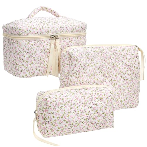 3PCS Makeup Bag SET Large Travel Quilted Zipper Soft Cosmetic Case Pouch for Women Girls Make Up,Floral Pink - color: Floral Pink, size: 3 PCS SET