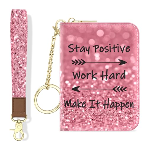 Aiawoxc Credit Card Holder, Small RFID Wallet Slim Leather Card Organizer Case with Zipper and Wristlet Strap, Work Hard - color: B-Work Hard, size: Wrist Strap