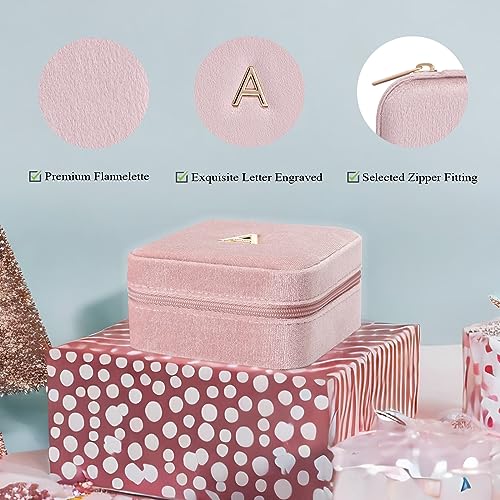 VLANDO Small Travel Jewelry Box Organizer Display Case for Rings Earrings Necklaces Storage, Selected Soft Velvet, Letter A Engraved, Pink - color: b. Powder Pink A