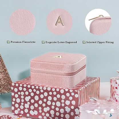 VLANDO Small Travel Jewelry Box Organizer Display Case for Rings Earrings Necklaces Storage, Selected Soft Velvet, Letter A Engraved, Pink - color: b. Powder Pink A