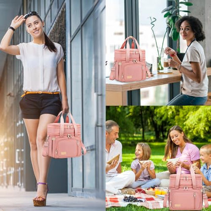 MAPLELILY Lunch Box for Men Women - Double Deck Insulated Lunch Bag, Large Leak Proof Tote Cooler, Wide Open Dual Compartment Lunch Bags with Shoulder Strap, For Work Picnic Hiking Beach, Pink - color: Pink