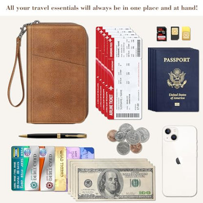 Fintie Family Passport Holder Wallet, RFID Blocking Travel Document Organizer Clutch Bag Credit Cards Case Cover for Women Men - color: Brown