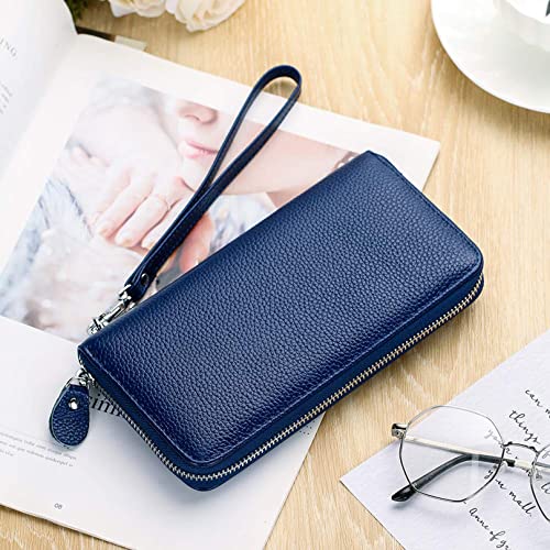Moflycom Womens Wallet RFID Blocking Genuine Leather Zip Around Wallet Clutch Wristlet Travel Long Purse for Women - color: Blue