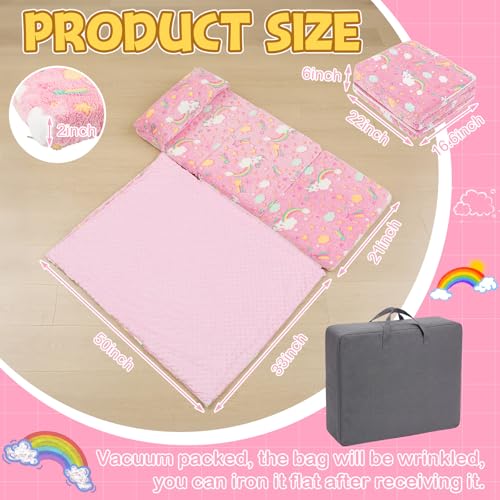 Preschool Nap Mat with Pillow and Blanket, 21" x 50" Glow Sleeping Bag Toddler Nap Mat for Daycare Kids, 2" Thick All in one Foldable Floor Mattress for Girl Boys - style: Rainbow Pattern