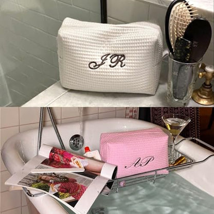 Personalized Cosmetic Bag Waffle Makeup Bag for Girls - Custom Travel Organizer Toiletry Bag with Embroidered Name - Personalized Bridesmaid gifts for Wedding - Gifts for Teen Girls Sister Friend