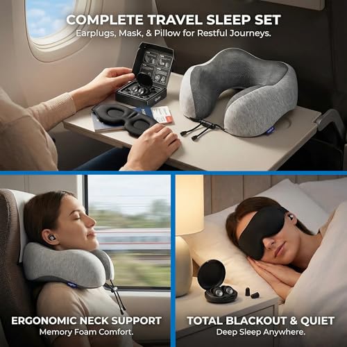 Must-Have Travel Kit Memory Foam Neck Pillow with Adjustable Fit & Removable Cover, 3D Contoured Sleep Mask, Reusable Noise-Reducing Earplugs & Storage Bag, Perfect Travel Essentials Set
