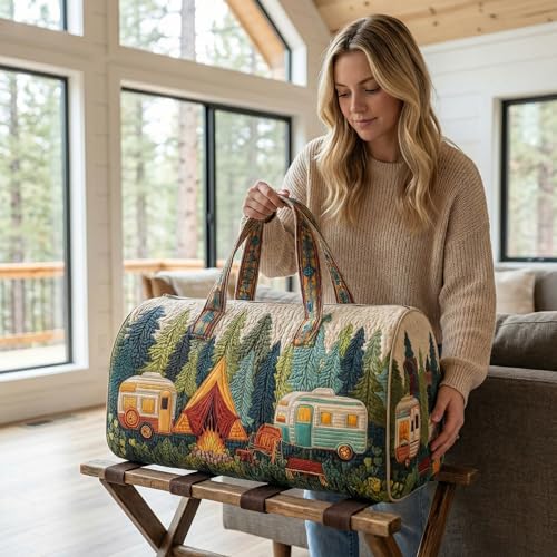 Hippie Van Quilted Duffle Bag Weekender Travel Bag Carry-On Luggage for Overnight Trips Boho Hippie Journey Duffel Bag Gym Yoga Tote (Style 4, Large (18" L x 9" W x 9" H))