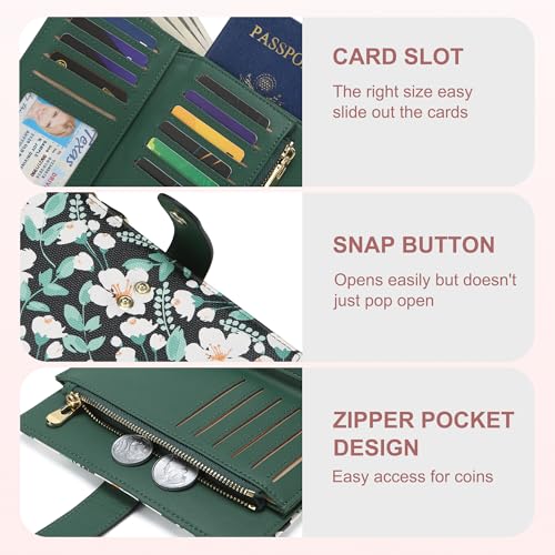 yiijay Womens Wallet RFID Blocking Vegan Leather Trifold Clutch Credit Card Holder Ladies Travel Wallet Purse with Pen Holder - color: 2Flora Green