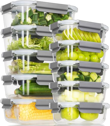 AILTEC 10 Pack Glass Meal Prep Containers, Glass Food Storage Containers with Lids Airtight, Storage Container Set with Lid for Food, Bpa-free, Leak-proof, Microwave Oven Freezer Dishwasher Safe - color: light gray