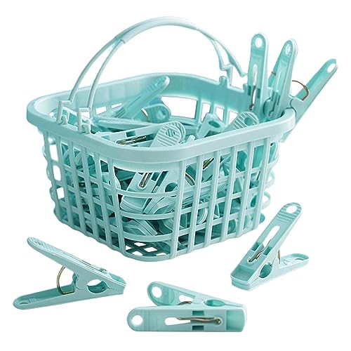 Pegs for Washing Line 31Psc Non Slip Windproof PP Material Pegs with Basket Multifunctional Fastening Waterproof Laundry with Spring Light Blue.. - color: Light Blue