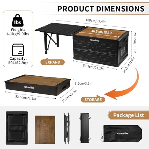 Naturehike Lispace Camping Table with Storage Box, 50L Collapsible Trunk Organizer with Lid, Folding Storage Bin for Camping Picnic Home
