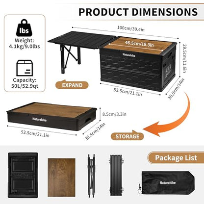 Naturehike Lispace Camping Table with Storage Box, 50L Collapsible Trunk Organizer with Lid, Folding Storage Bin for Camping Picnic Home