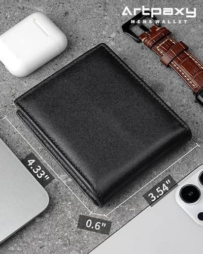 Artpaxy Mens Wallet Genuine Leather Bifold RFID Blocking Wallet for Men with 1 ID Window 13 Card Holders 2 cash pockets 1 Gift Box - color: Black