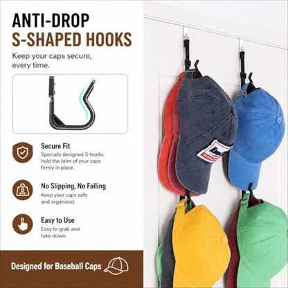 Over The Door Hat Organizer for Baseball Caps, Anti-Drop S Hooks, Holds 12-36 Caps, Adjustable Door Hat Rack, No Drill Installation, Also Great for Bags & Accessories