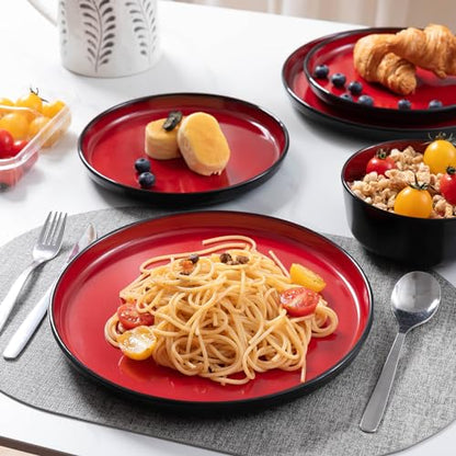12-piece Dinnerware Sets Service for 4 - Dinner Plate, Dessert Plates, Cereal Bowls, Lightweight Melamine Plates and Bowls Sets, RV, Kitchen Dishes for Outdoor Use, Red and Black - color: Black and Red