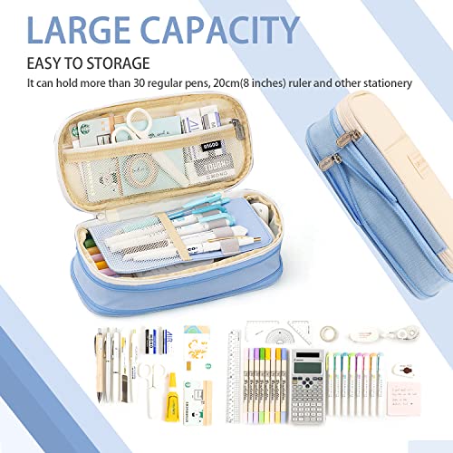 MAMUNU Large Capacity Pencil Case, Expandable Stationery Bag with Zipper Compartments, Aesthetic Pencil Case Pouch for Office College School Students Teen Girls Boys - color: LightBlue