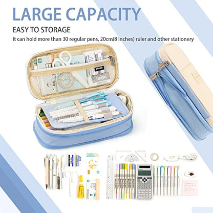 MAMUNU Large Capacity Pencil Case, Expandable Stationery Bag with Zipper Compartments, Aesthetic Pencil Case Pouch for Office College School Students Teen Girls Boys - color: LightBlue