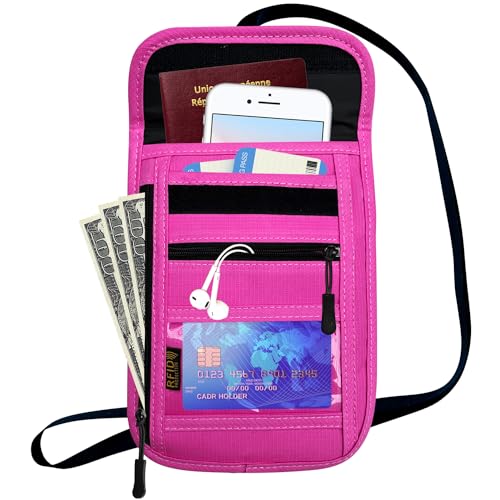 RFID Blocking Travel Neck Wallet Pouch and Passport Holder, Travel Neck Pouch Passport Holder for Women & Men - Rose - color: Rose