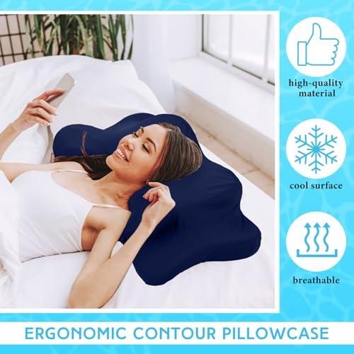 Hahafelt Cooling Cervical Neck Pillowcase Cover (Only Pillow Case) Ergonomic Pillowcase with Zipper Breathable Contour Pillow Cover for Side Back Stomach Sleepers(Navy Blue,Queen Size) - color: Navy Blue, size: Queen