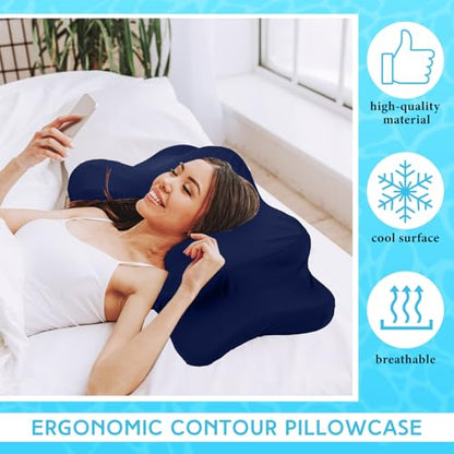 Hahafelt Cooling Cervical Neck Pillowcase Cover (Only Pillow Case) Ergonomic Pillowcase with Zipper Breathable Contour Pillow Cover for Side Back Stomach Sleepers(Navy Blue,Queen Size) - color: Navy Blue, size: Queen