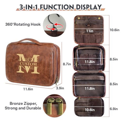 Custom 3-in-1 PU Leather Toiletry Bag For Men Personalized Hanging Travel Organizer Bag for Father Husband Boyfriend (Black) - color: Black
