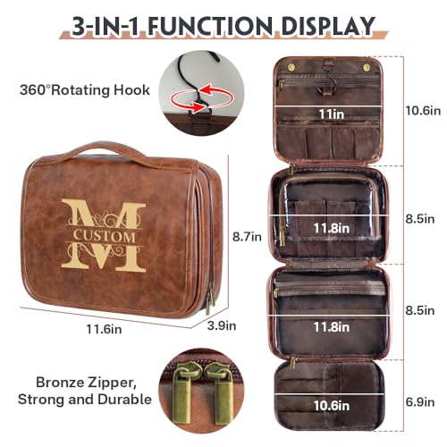 Custom 3-in-1 PU Leather Toiletry Bag For Men Personalized Hanging Travel Organizer Bag for Father Husband Boyfriend (Dark Brown) - color: Dark Brown