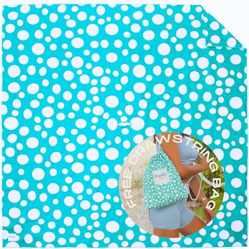 Plush Microfiber Beach Blanket, Extra Large Beach Mat for 3-6 Persons, Sandproof, Windproof | Hole for Umbrella, Corner Sand Pockets to Fight Wind (Bag for Blanket Included) - color: Teal & Dots, size: X-Large