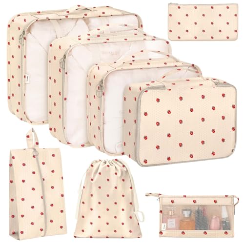KPX 8 Set Packing Cubes for Travel, Luggage Packing Organizers Accessories Large Toiletries Bag for Clothes Shoes Cosmetics (8Set-Beige Strawberry) - color: 8Set-Beige Strawberry