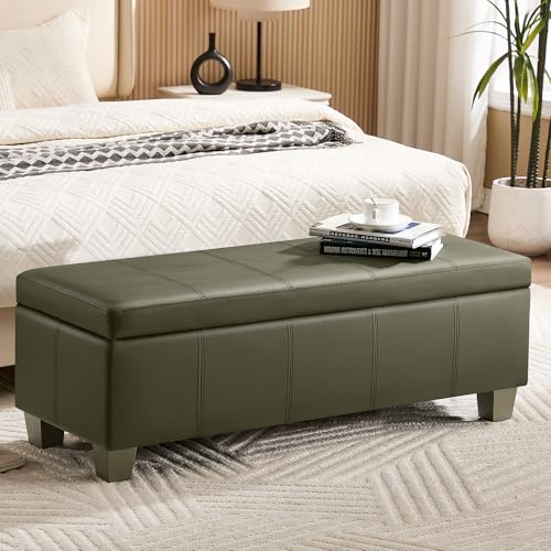 WUTUTUEE 51" Faux Leather Storage Ottoman, Stitch Tufted Rectangle Upholstered End of Bed Storage Bench, Entryway Large Couch Ottoman with Wooden Legs,Green - color: Green, size: 51 Inch